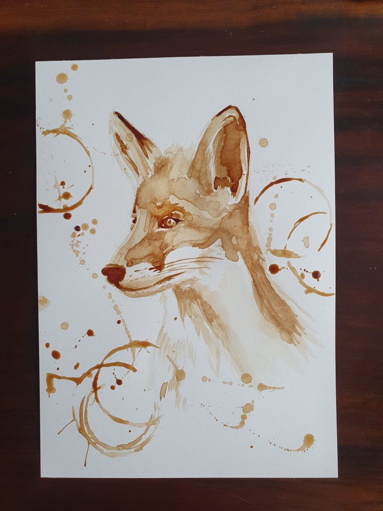Last step - Fox painted in coffee, with a mug stain effect in the background