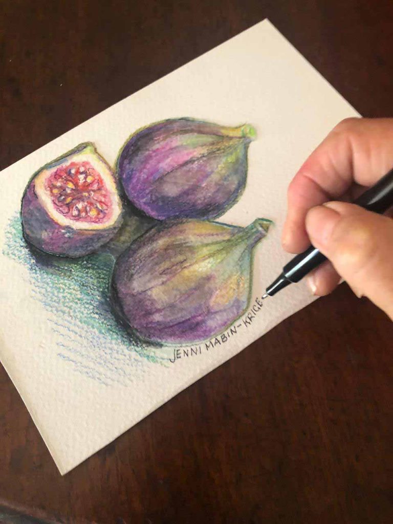 A hand signing an artwork. A painting of figs signed Jenni Mabin Krige