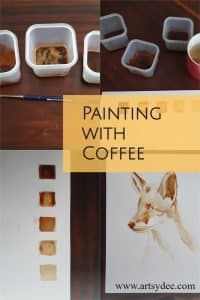 Painting with Coffee text on top of a painting of a fox and a paintbrush and plastic containers with coffee in them.