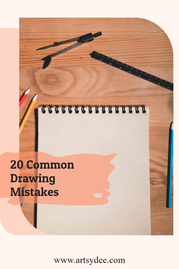 a drawing pad with pencils around it and a text overlay that says 20 common drawing mistakes