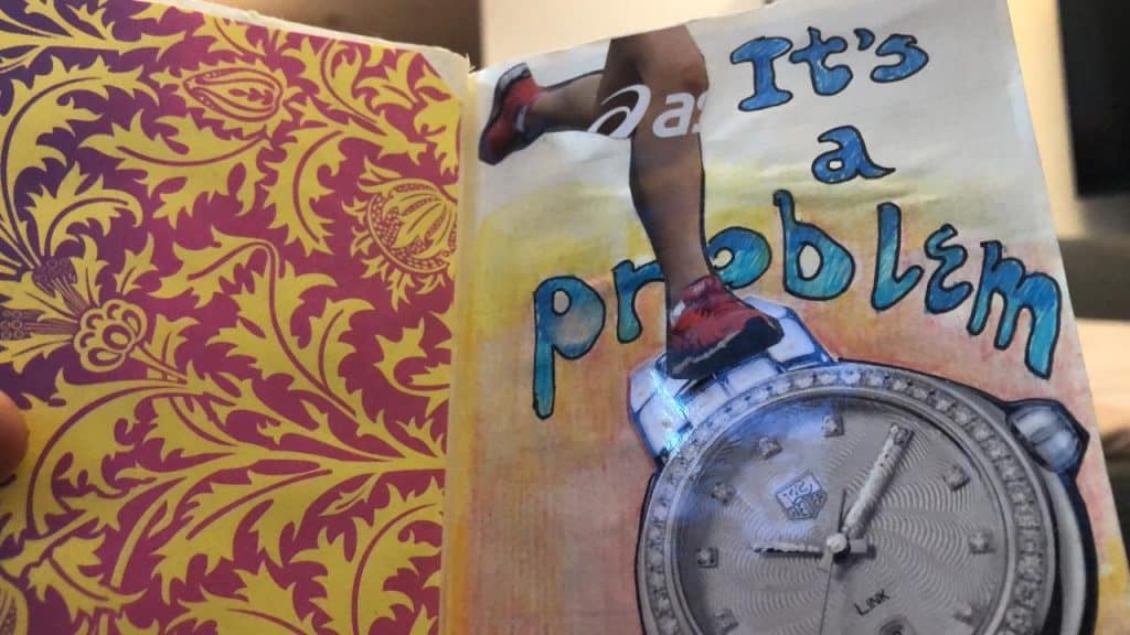 a person running on a clock mixed media art journal