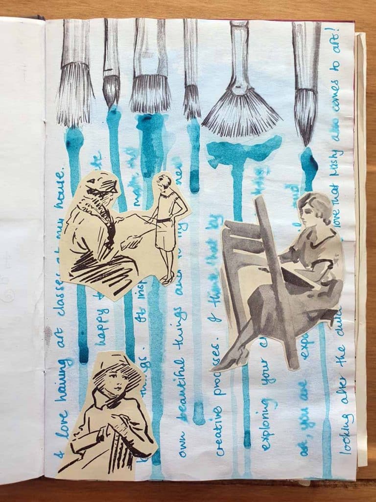 a mixed media page with a drawing of paint brushes and people stuck down