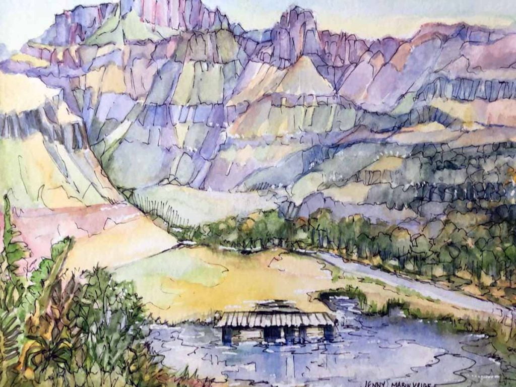 Drakensburg painting in pen and watercolor by jenni mabin krige