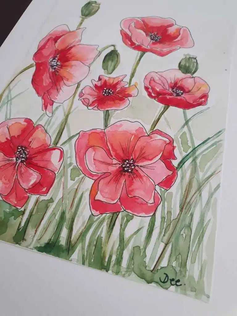 Painting of Red Poppies in Watercolor and Pen