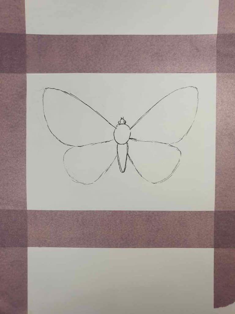 a pencil drawing of the shape of the body of a butterfly with two wings