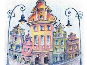 colored pencil drawings of warped buildings
