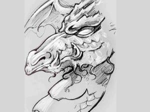 charcoal sketch of a dragons head