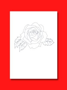 a black and white rose drawing with a red frame