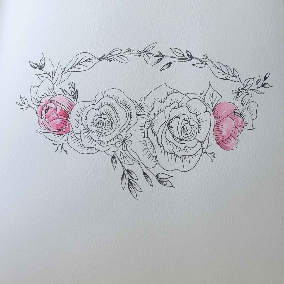 A Rose Flower Crown Drawing in Pen with two painted pink roses