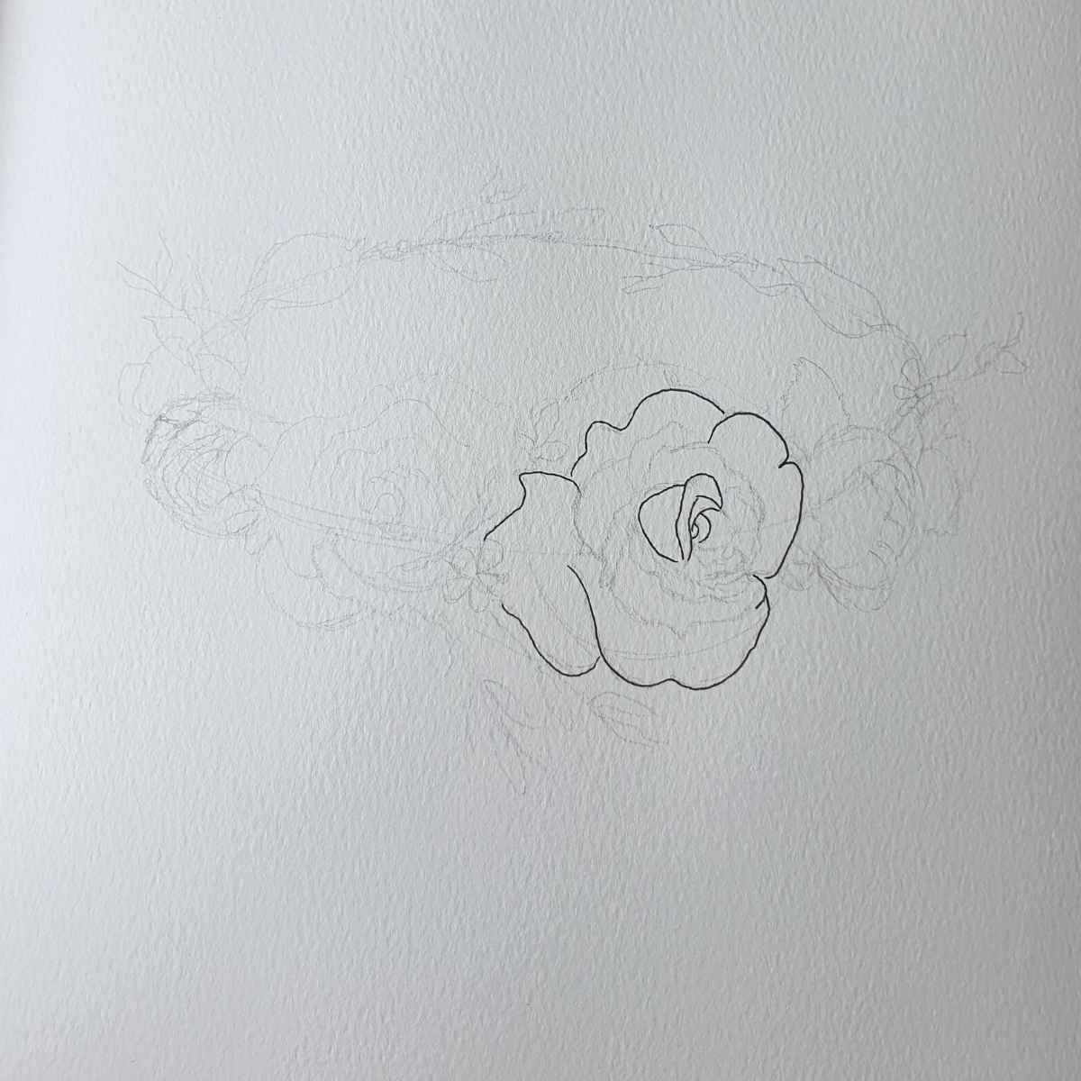 Pen outline of  a single rose on a Pencil Sketch of Shapes for Flower Crown Drawing