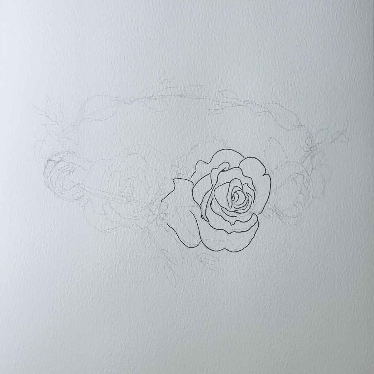 Pen outline of  a single rose on a Pencil Sketch of Shapes for Flower Crown Drawing