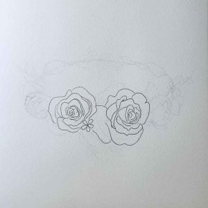 Pen outline of  a single rose on a Pencil Sketch of Shapes for Flower Crown Drawing