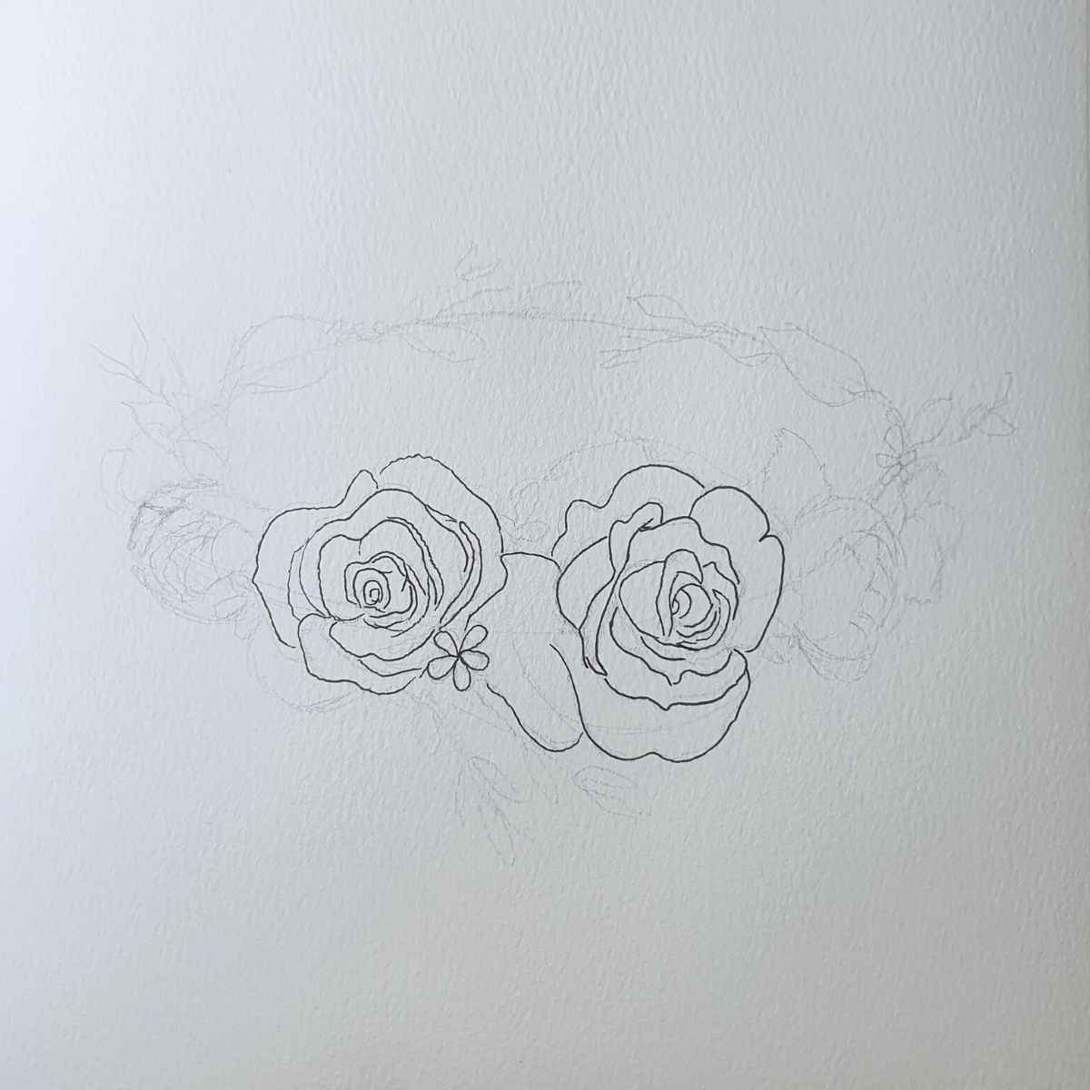 Pen outline of  a single rose on a Pencil Sketch of Shapes for Flower Crown Drawing